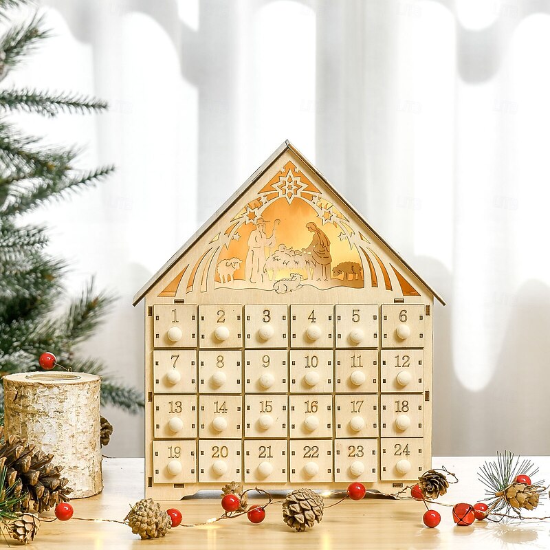 Christmas Advent Calendar with LED Light Nativity Scene Wooden Advent Calendar with 24 Drawers Christmas Village House Star Reusable Handcrafted Countdown For Indoor Holiday Xmas Decoration