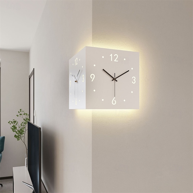 Wall Clock Double Sided Corner Wall Clock Battery Operated Wall Clocks 3D Silent Clock Wall Decor Sticker Non Ticking With Light