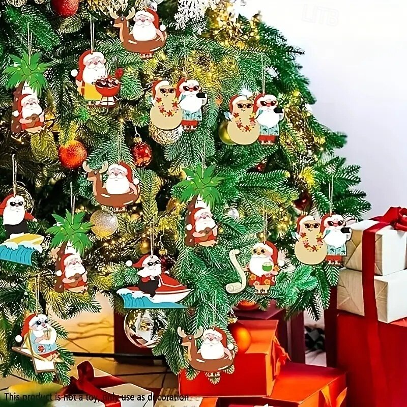 24pcs Vintage Wooden Christmas Ornaments - Surfing Santa and Tropical Snowman with Palm Trees - Beach-Themed Holiday Decor for Home and Garden Outdoors2