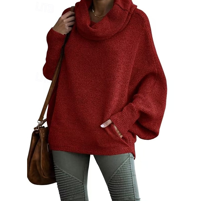 Women's Oversized Sweater Cowl Neck Knit Knitted Flared sleeves Fall Winter Work Going out Fashion Daily Long Sleeve Solid Color Red Blue3