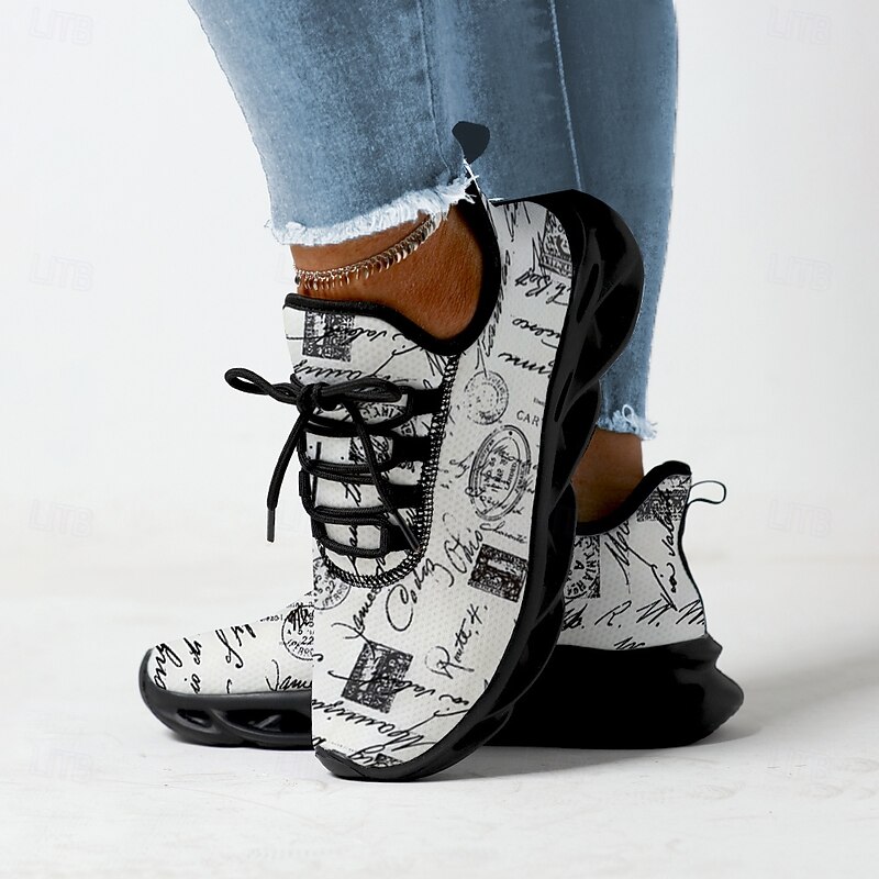 Women's Vintage Letter Print Sneakers - Black and White, Lightweight and Breathable Design, Ideal for Casual Outfits and Streetwear Fashion4