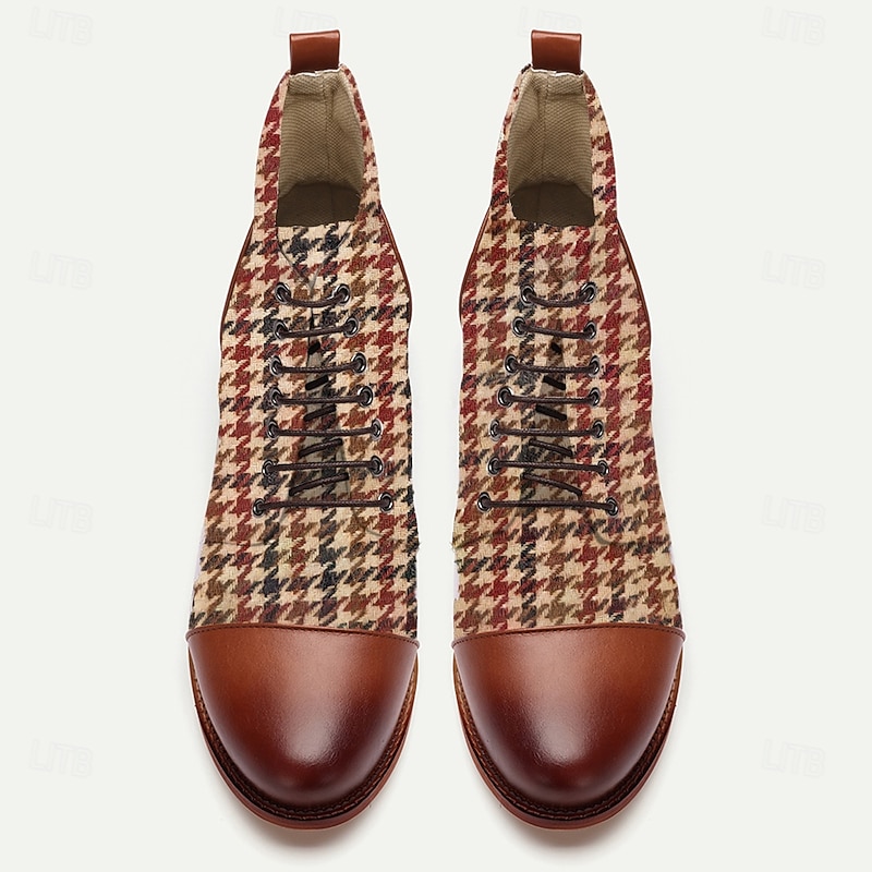 Men's Houndstooth Lace-Up Ankle Boots - Brown and Red Checkered Pattern, Brown Faux Leather Accents, Perfect for Vintage and Casual Style 5