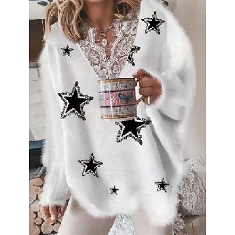 Women's  Sweater Pullover Fuzzy Jumper V Neck Ribbed Knit Lace Knitted Print Fall Winter Outdoor Daily Weekend Casual Soft Long Sleeve Star White Pink