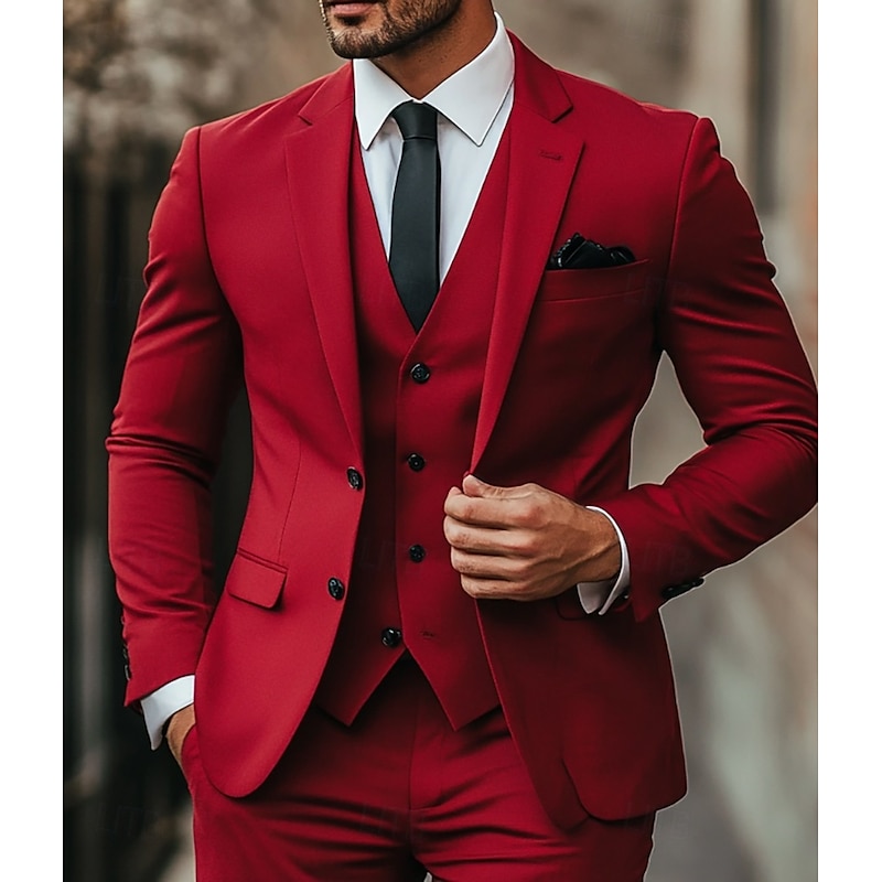 Men's Wedding Christmas Suits Red Fashion Daily Solid Colored Standard Fit 3 Piece Single Breasted Two-buttons