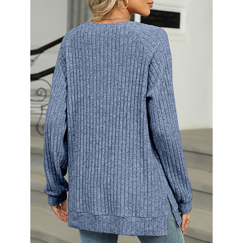 Women's T Shirt Plain Fashion Modern Casual Long Sleeve Crew Neck Regular Tops Daily Weekend Buttons Pink Blue Green Khaki Fall Winter 17