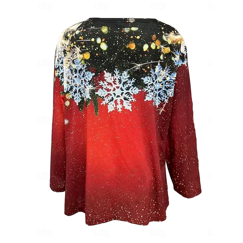 Women's T Shirt Holiday Themed T-Shirt Long Sleeve Snowflake Tree Ornament Print Casual Red Winter Apparel Regular Fit Festive Top3