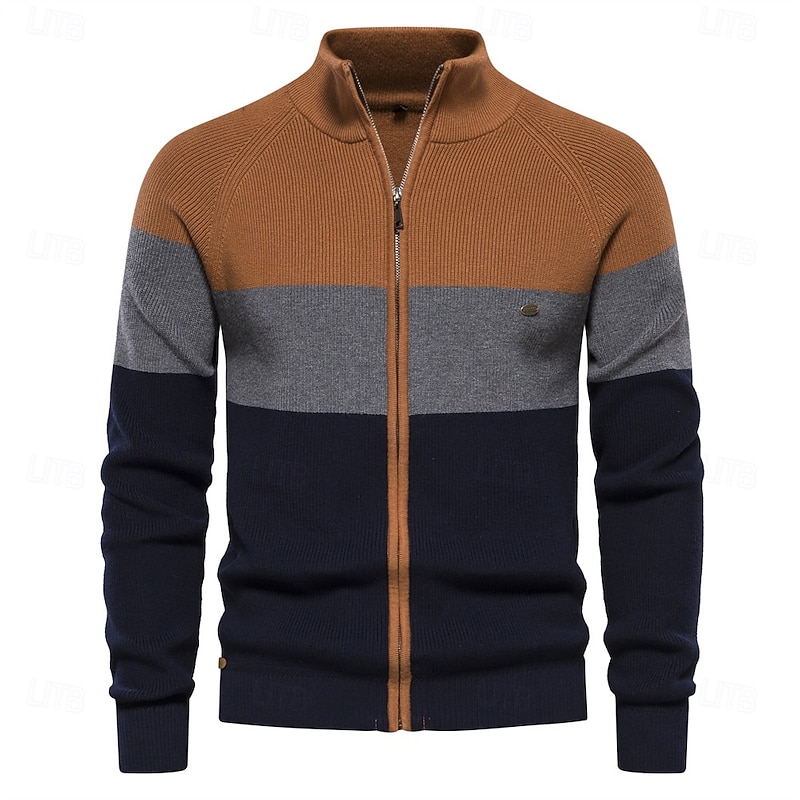 Men's Cardigan Sweater Zip Sweater Knit Patchwork Zipper Color Block Turtleneck Knitwear Elegant School Training Clothing Apparel Bishop Sleeve Fall Winter Navy Blue Royal Blue S M L2