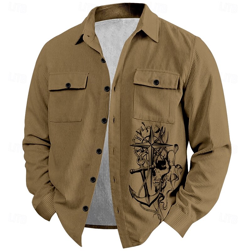 Men's Wolf Nautical Corduroy Shirt Shirt Jacket Overshirt Long Sleeve Vintage Tribal Outdoor Dailywear Fall & Winter Turndown Collared Shirts Buttons 3D Print 2 Pockets 1pc Black Navy Blue Brown