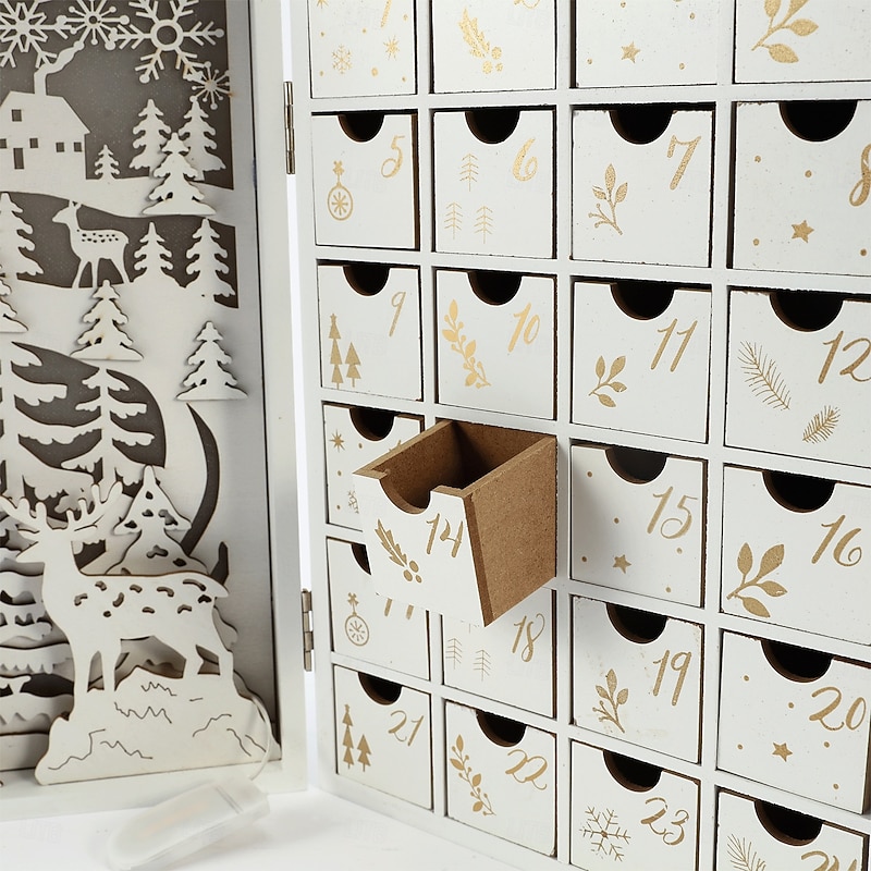 Christmas Wooden Advent Calendar Foldable Book with 24 Storage Drawers LED Wooden Advent Calendar Decoration with Christmas Tree House Reusable Xmas Countdown Calendar DIY for Adults Kids Gifts4
