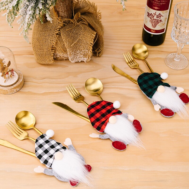 Christmas Gnome Cutlery Decoration, Plaid Gnome Cutlery Holder, Forest Old Man Tableware Set Table Decoration4