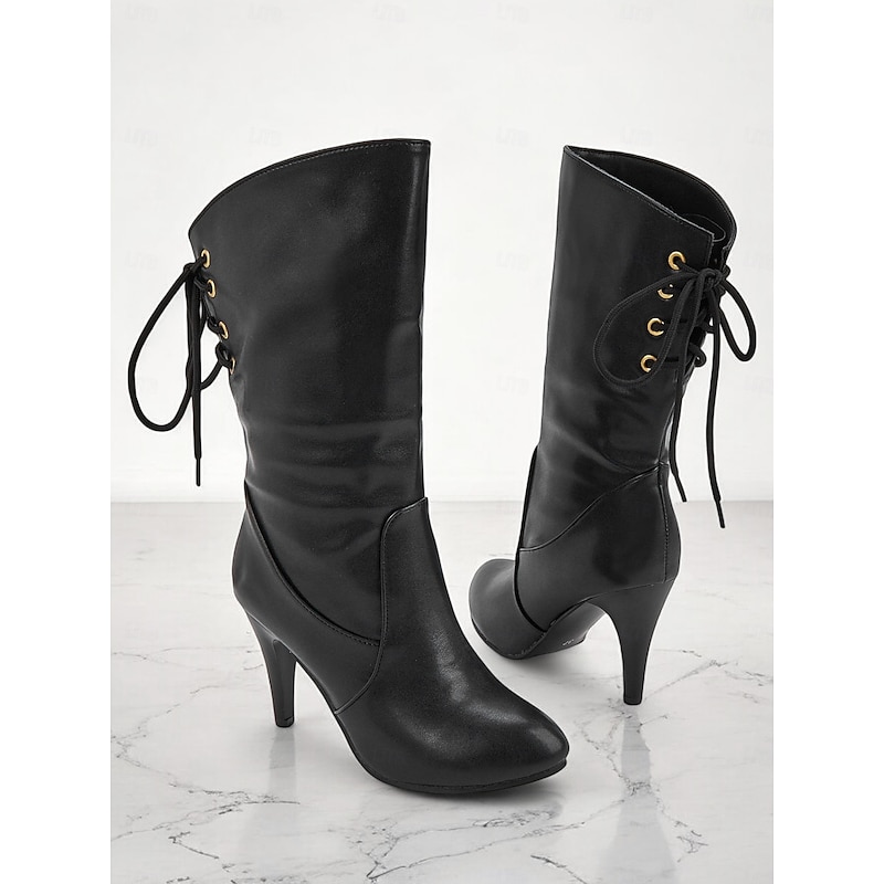 Women's Black Lace-Up Mid-Calf Heeled Boots - Stylish Pointed Toe Stiletto Boots with Side Lace Detail for Fall and Winter Outfits2