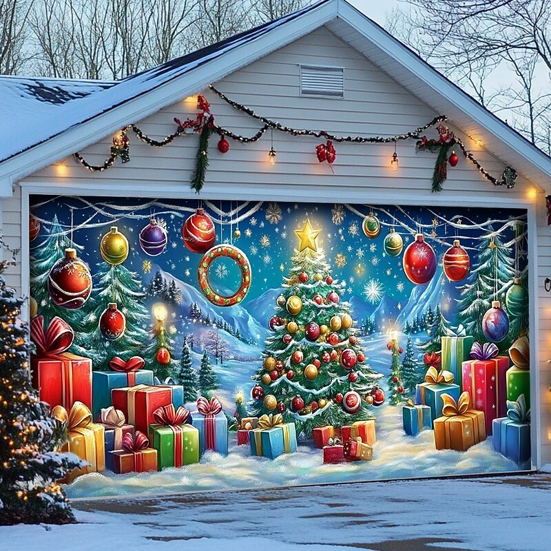 Christmas Door Decorations Outdoor Garage Door Cover Xmas Tree Banner Farmhouse Large Christmas Backdrop for Holiday Outdoor Garage Door Home Wall Decorations 8