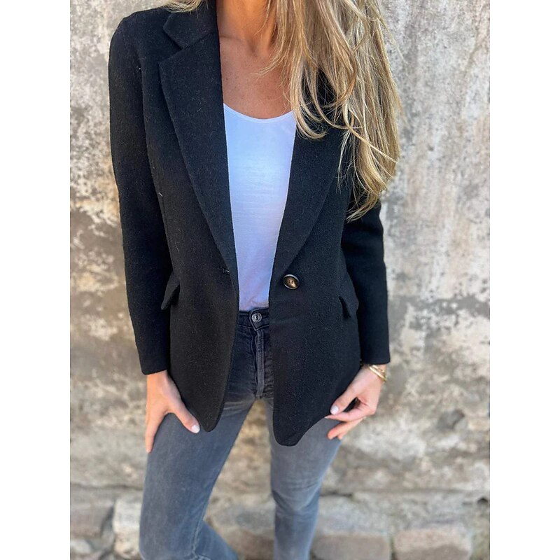 Women's Blazer V Neck Buttons Plain Comfortable Fashion Regular Fit Outerwear Long Sleeve Winter Black S