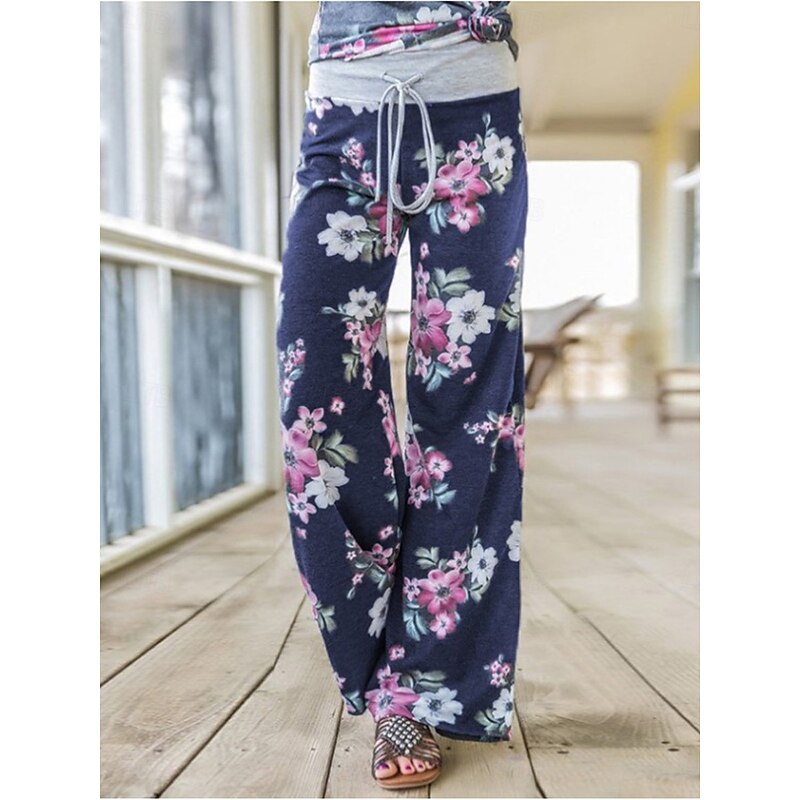 Women's Wide Leg Chinos Fashion Streetwear Full Length High Waist Floral Pocket Elastic Waistband Printing Comfy Soft Comfortable Micro-elastic Outdoor Street Black Blue Gray Spring &  Fall Regular2