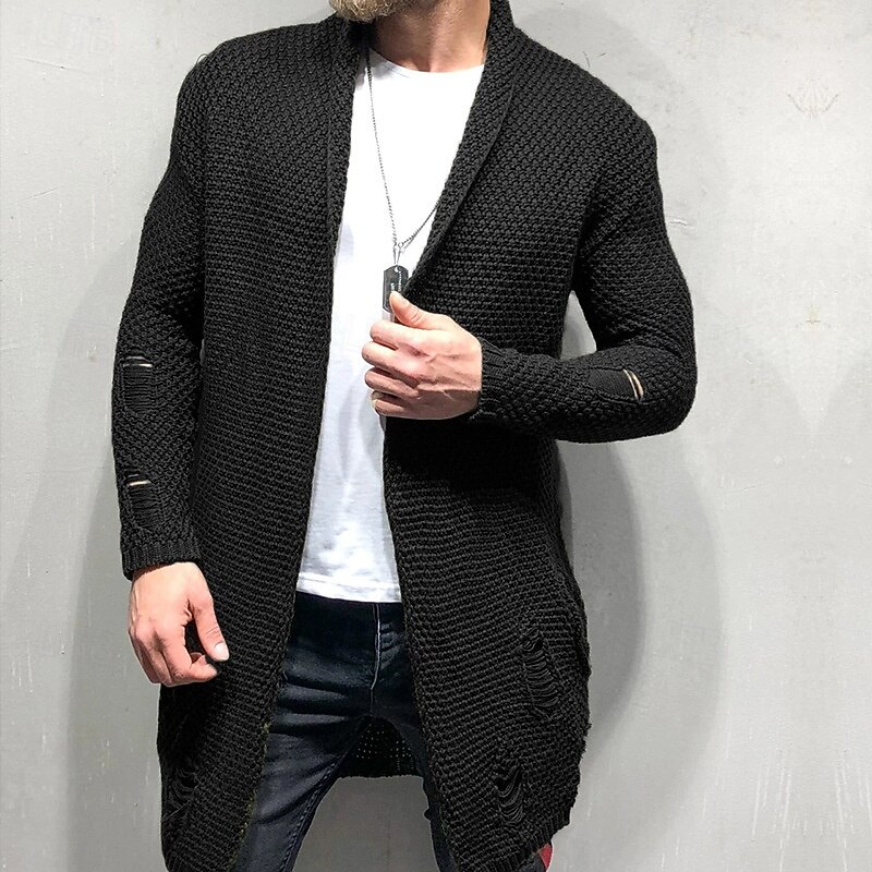 Men's Cardigan Sweater Cropped  Sweater Knit Sweater Ribbed Knit Tunic Pocket Plain Shawl Collar Fashion Classic Daily Wear Date Clothing Apparel Fall & Winter Black Navy Blue S M L3