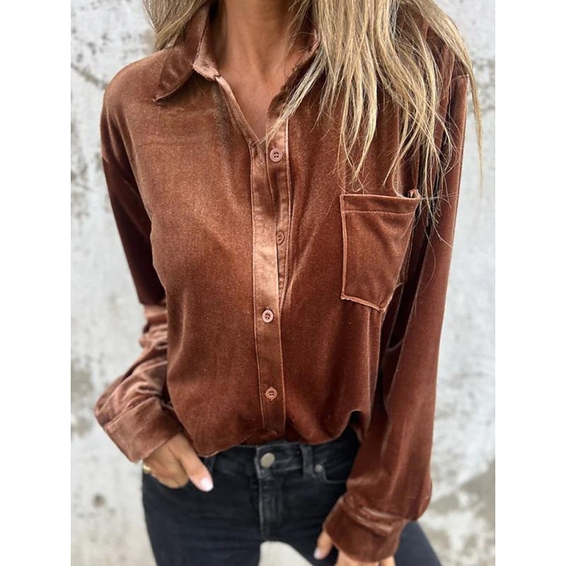 Women's Shirt Blouse Solid Color Basic Casual Long Sleeve Shirt Collar Regular Tops Daily Buttons Fuchsia Brown Green Fall Winter