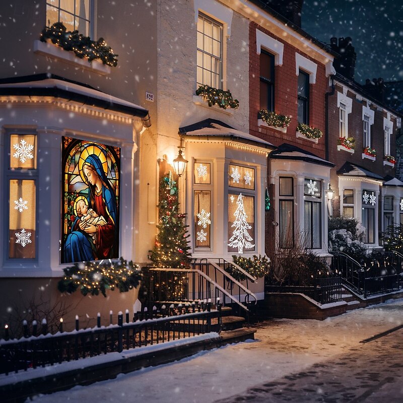 Christmas Window Cover Decorations, Fabric Stained Glass Nativity Scene Curtain Movie Poster Window Door Covering Decor for Christmas House, Window Clings Decals Indoor Outdoor4