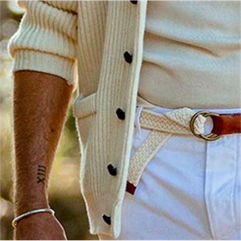 Men's Cardigan Sweater Knit Sweater Ribbed Knit Regular Button Up Solid Color Shawl Collar Fashion Classic Daily Wear Date Clothing Apparel Fall & Winter White S M L3