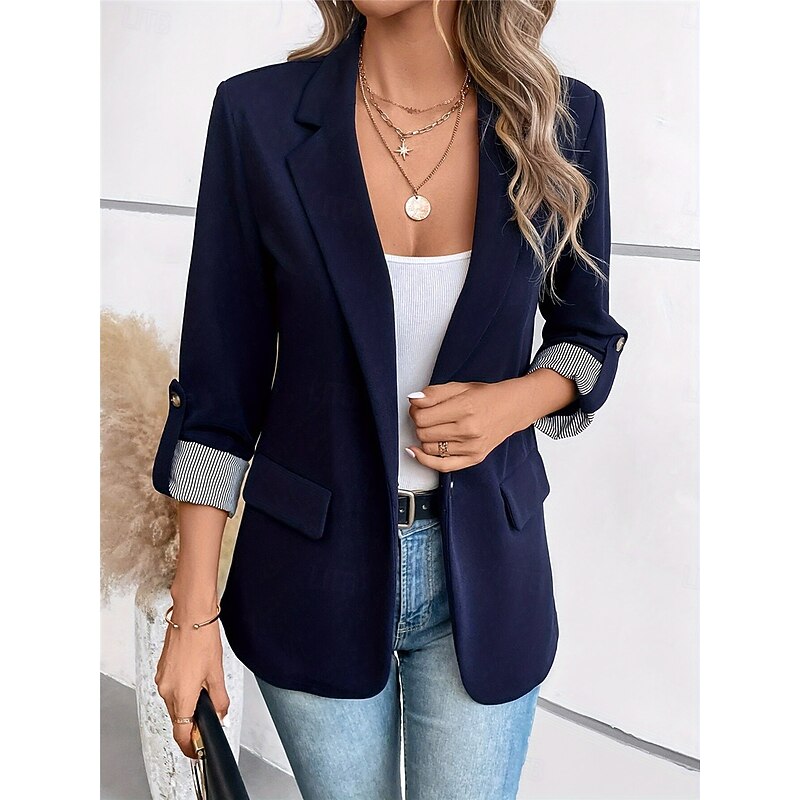 Women's Blazer Work Button Solid Color Breathable OL Style Regular Fit Outerwear Long Sleeve Fall Blue S