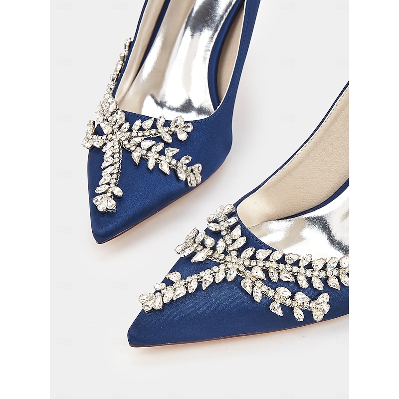 Women's Rhinestone-Embellished Satin Stiletto Heels – Elegant Pointed Toe Pumps for Evening Parties and Formal Events 8