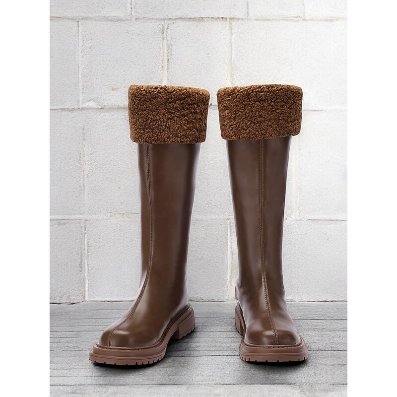 Women's Extra Wide Calf Brown Knee-High Boots with Faux Fur Cuff – Cozy Winter Footwear with Rugged Sole for Outdoor Comfort2