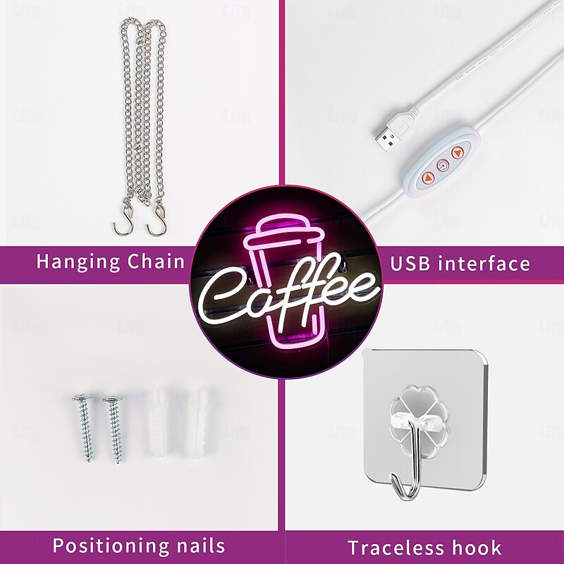 Coffee Neon Sign - Pink & White LED Neon Light for Cafe, Bar, Restaurant, USB Powered Wall Decor for Bedroom, Pub, Birthday Party4