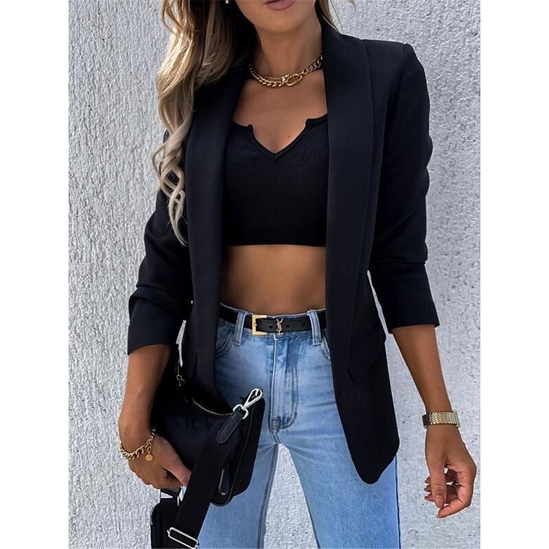 Women's Blazer Work Pocket Solid Color Breathable OL Style Regular Fit Outerwear Long Sleeve Fall Black S
