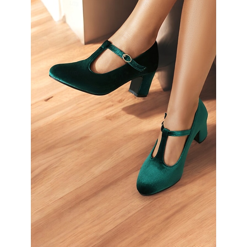 Women's Green Velvet T-Strap Mary Jane Heels with Block Heel – Vintage-Inspired Dress Shoes for Parties and Formal Events4