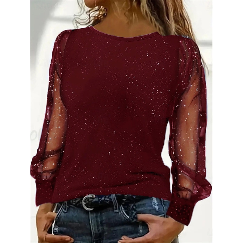 Women's Sequin Sparkly Party Glitter Plain Fashion Modern Casual Long Sleeve Crew Neck Regular Tops Daily Weekend Patchwork Mesh Black Wine Blue Fall Winter2