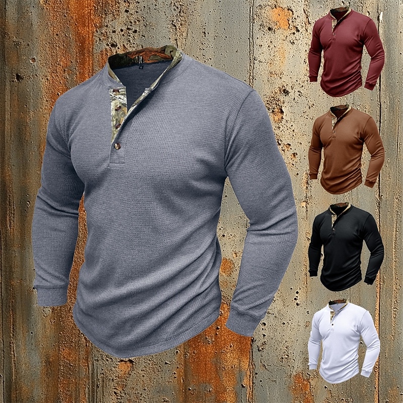 Men's Waffle T-shirt T Shirt Henley Shirt Long Sleeve Solid Color Knitwear Daily Buttons Henley Outdoor Causal Casual Spring Fall Spring &  Fall Navy Black White Henley T-Shirt