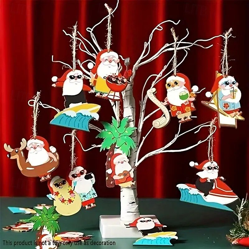 24pcs Vintage Wooden Christmas Ornaments - Surfing Santa and Tropical Snowman with Palm Trees - Beach-Themed Holiday Decor for Home and Garden Outdoors4
