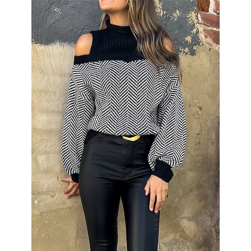 Women's Sweater Pullover Sweater Jumper Casual Soft Geometric Ribbed Turtleneck Knitted Cold Shoulder Long Sleeve Regular Tops Knit Outdoor Daily Weekend Black Fall Winter