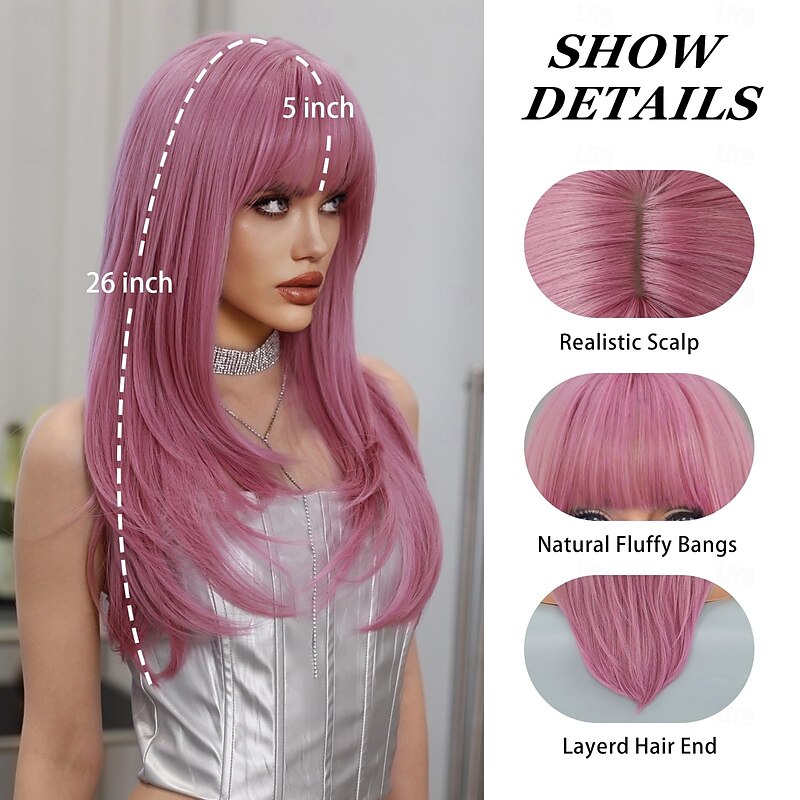 Long Straight Wig with Bangs for Women Hair Synthetic Heat Resistant Pastel Layered Wig Sexy Colored Wig for Cosplay Christmas Gifts Party Wigs3