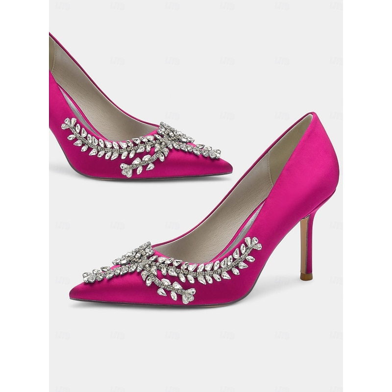 Women's Rhinestone-Embellished Satin Stiletto Heels – Elegant Pointed Toe Pumps for Evening Parties and Formal Events 16