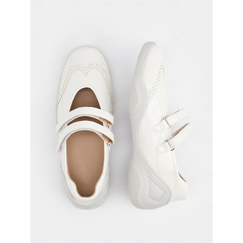 Women's White Mary Jane Comfort Shoes with Dual Straps and Brogue Detailing – Casual Everyday Footwear for Walking and Leisure3