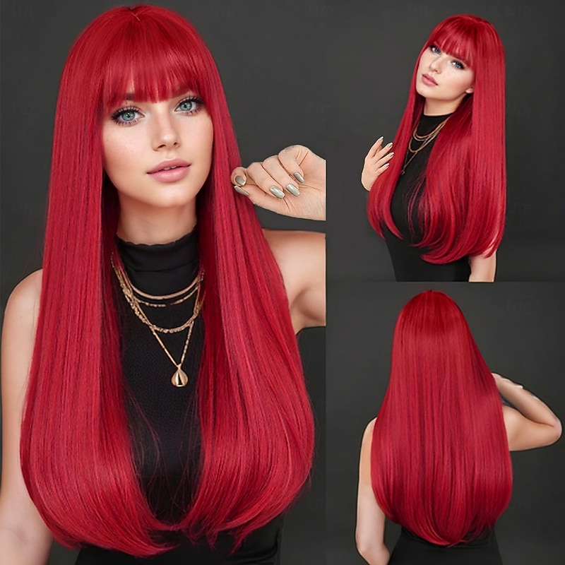 Wig with Bangs Long Straight Wigs for Women Natural Looking Hair Synthetic Heat Resistant Womens Wig for Daily Party Christmas Party Wigs