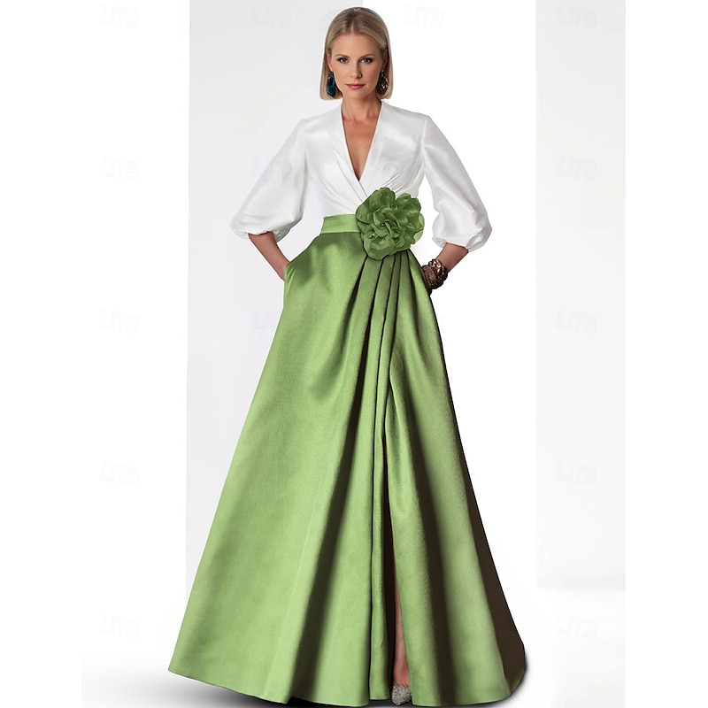 A-Line Evening Gown Elegant Dress Formal Floor Length 3/4 Length Sleeve V Neck Pocket Satin with Slit