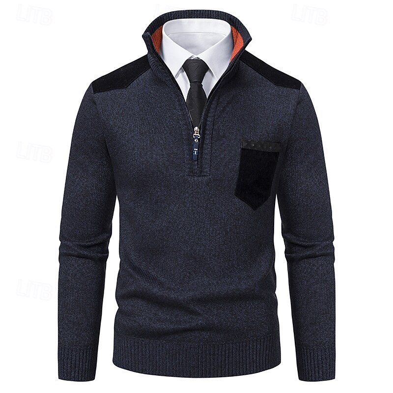 Men's Sweater Chunky Knit Pocket Half Zip Solid Color Stand Collar Elegant Vintage Formal Home Clothing Apparel Bishop Sleeve Fall Winter Red Navy Blue S M L 10