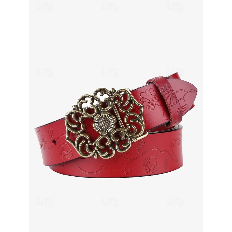 Women's Red Leather Belt with Vintage Floral Carved Buckle – Western Boho Style Accessory
