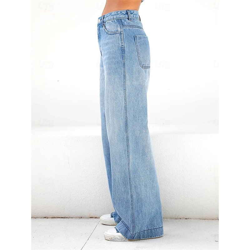Women's Jeans Wide Leg Fashion Streetwear Full Length High Waist Plain Pocket Comfy Soft Comfortable Micro-elastic Outdoor Street Blue Spring &  Fall Spring, Fall, Winter, Summer Regular Fit4