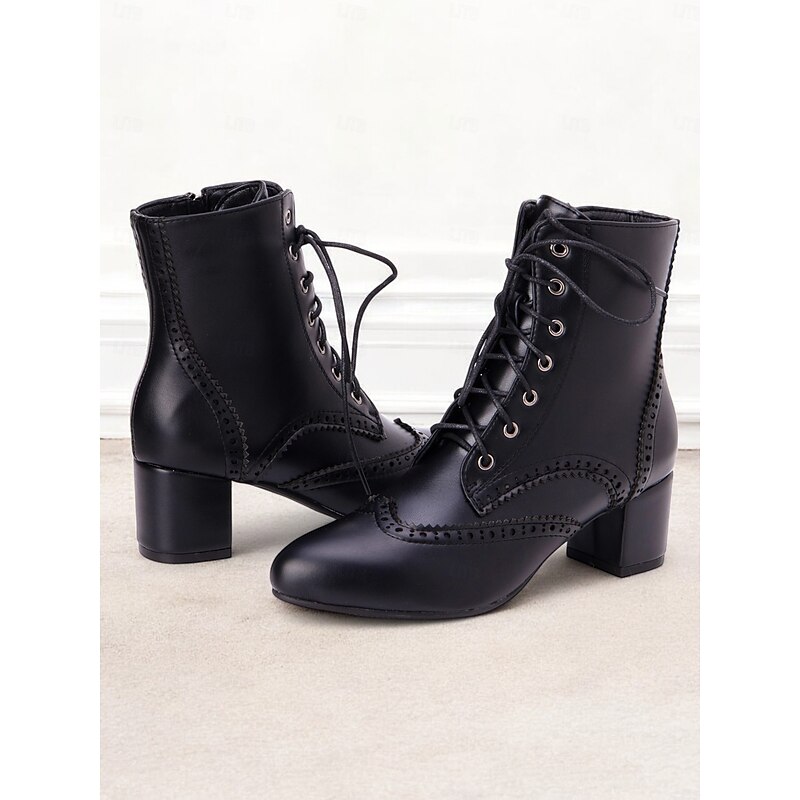 Women's Black Lace-Up Ankle Boots with Brogue Detailing and Block Heel – Vintage-Inspired Combat Boots for Everyday and Formal Outfits3