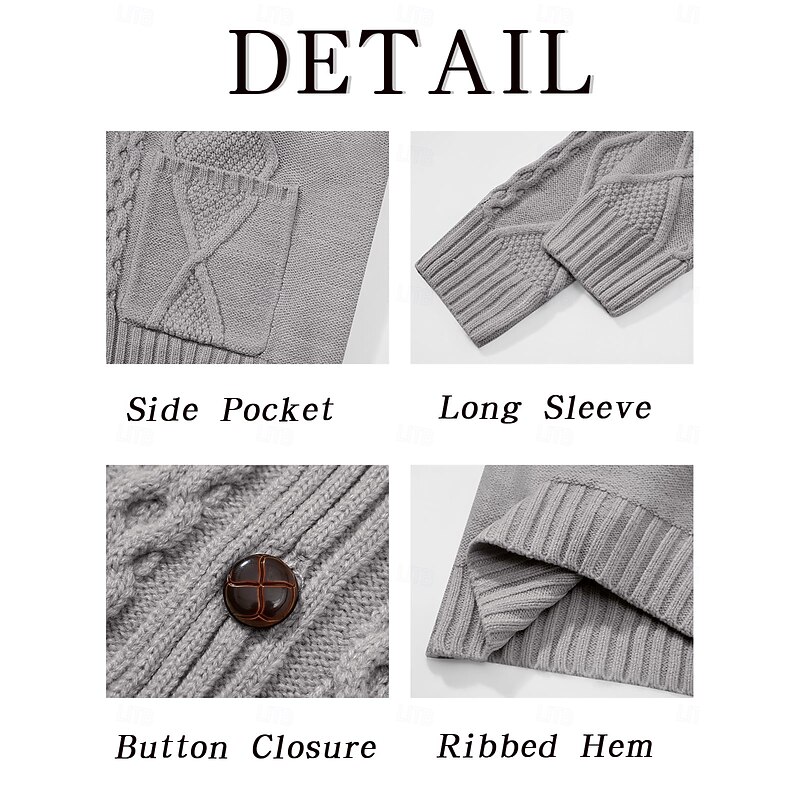 Men's Cardigan Sweater Knit Sweater Cable Knit Regular Button Up Side Pockets Solid Color Lapel Fashion Classic Daily Wear Date Clothing Apparel Fall & Winter Black Blue S M L3