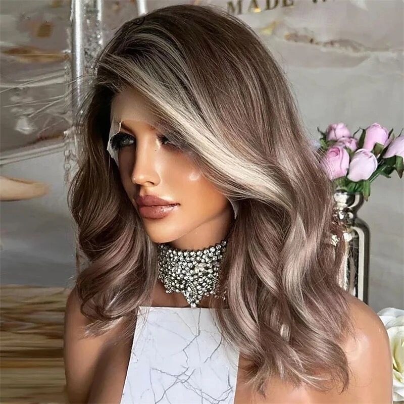 Remy Human Hair 5x5 Closure 13x4 Lace Front Wig Short Bob Brazilian Hair Wavy Blonde Multi-color Wig 130% 150% Density with Baby Hair Highlighted / Balayage Hair Glueless Pre-Plucked For Women Short4