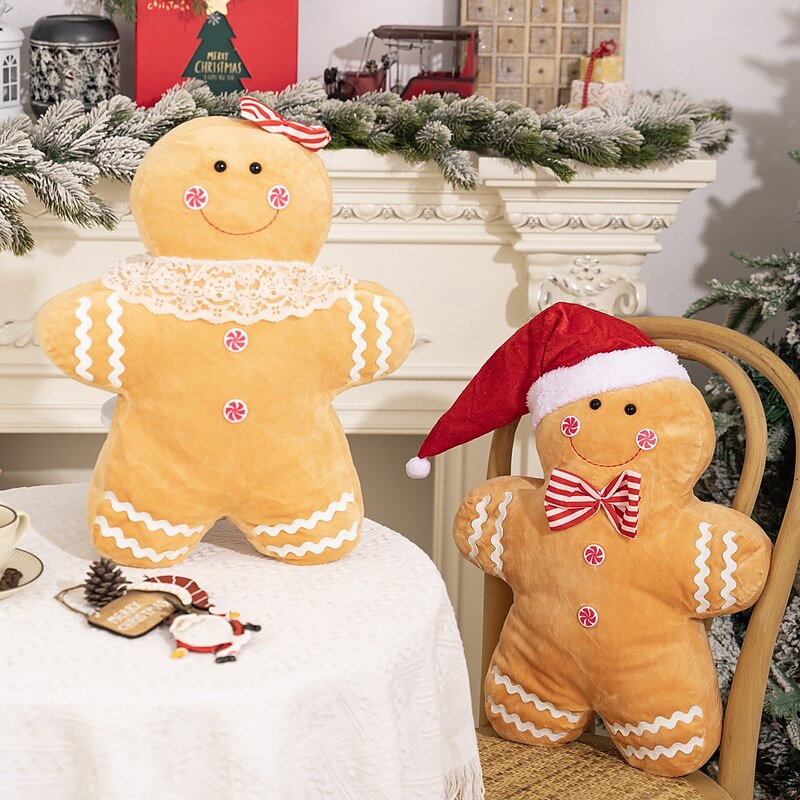 Christmas Gingerbread Man Pillow, Yellow Cookie Cartoon Cushion, Kids Gift and Window Display Decor, Vacuum-Sealed Packaging