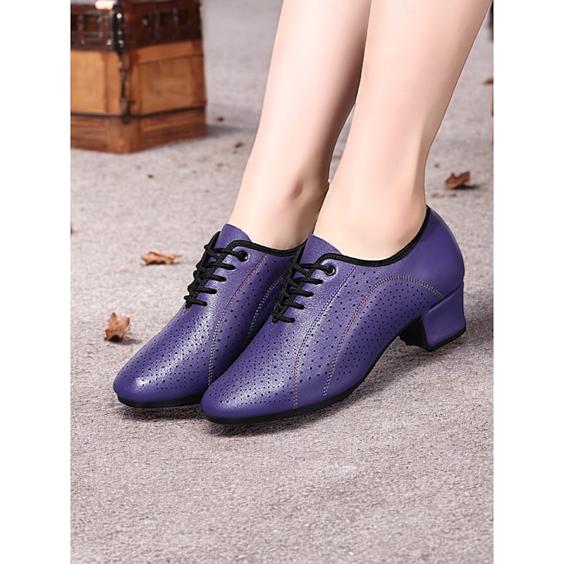 Women's Purple Perforated Leather Dance Shoes - Lace-Up Low Heel Jazz Shoes for Ballroom and Latin Dance3