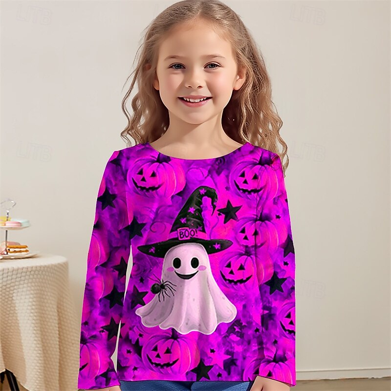 Halloween Girls' 3D Graphic Pumpkin Ghost T shirt Tee Long Sleeve Spring Fall Fashion Basic Kids 4-12 Years Crew Neck Outdoor Casual Daily Regular Fit4