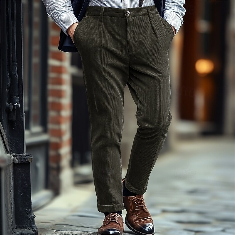 Men's Dress Pants Corduroy Pants Trousers Suit Pants Pocket Straight Leg Plain Comfort Soft Full Length Party Business Daily Fashion Streetwear Black Green3