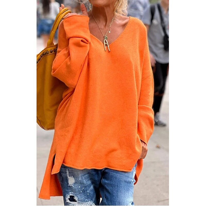 Women's Sweater Fashion Streetwear Daily Solid Color V Neck Knitted Long Sleeve Long Tops Knit Outdoor Going out Orange Fall Winter4