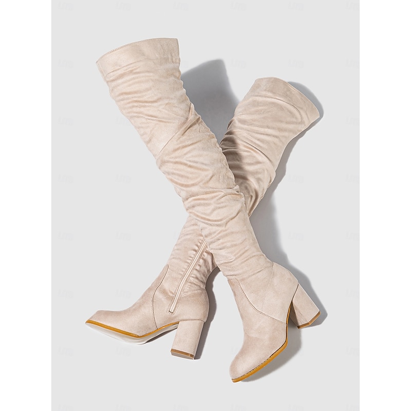 Women's Faux Suede Over-the-Knee Block Heel Boots – Stylish Slouchy Design with Zipper Closure for Winter Fashion4