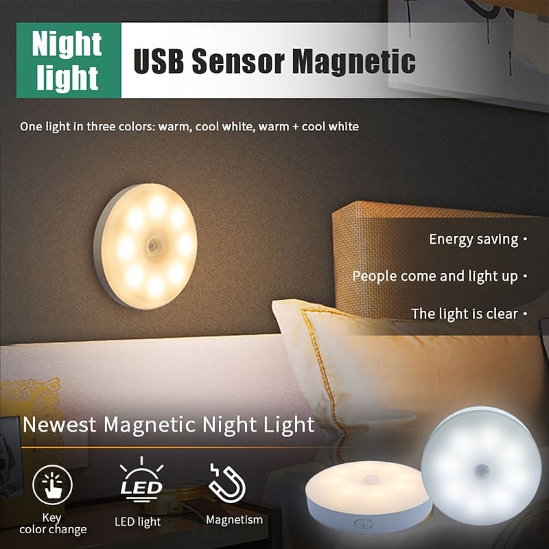 8LED Motion Sensor Light USB Night Light, Rechargeable LED Cabinet Light for Kitchen Bedroom Stair Cabinet Hallway Closet Night Light3